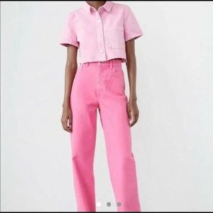 Zara PINK high rise raw hem jeans